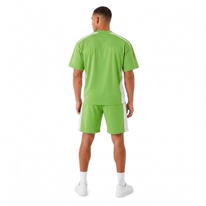 Men's Green <b>Knitted</b> Sporty T-Shirt <b>Set</b> With Drawstring Shorts Crew Neck Quick Dry Summer Breathable Casual Wear - Product Image 2