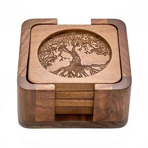 Ensemble de sous-verres en bois brut faits à la main, forme ronde, design traditionnel chinois avec motif floral incrusté, finition grain de bois naturel - Product Image 5