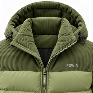 F2WIN <b>Men's</b> Hooded Puffer <b>Jacket</b> <b>Corduroy</b> Winter Coat Windproof Thick Regular Fit Solid Green Zipper Closure Casual Style - Product Image 5