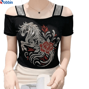 T-shirt court personnalisé pour femme, coupe ajustée, à épaules dénudées, avec strass et imprimé cheval, col carré, manches courtes, printemps-été - Product Image 2