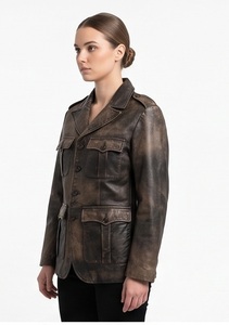 Wholesale Vintage Distressed <b>Leather</b> Safari <b>Jacket</b> Women's Multi-Pocket Cargo Moto Coat Custom Western Outwear Supplier - Product Image 4