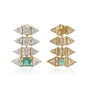 Boucles d'oreilles pendantes en diamant de laboratoire et émeraude verte, or jaune massif 14 carats, bijoux fins géométriques pour femmes - Product Image 2