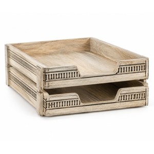 Plateau à lettres empilable en bois de manguier blanchi avec lignes noires - Organisateur de bureau en gros - Product Image 1
