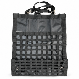 Sac à foin pour chevaux noir charbon avec panneau supérieur en nylon solide |   Support à foin suspendu stable avec grille tissée et anneaux en D métalliques - Product Image 1