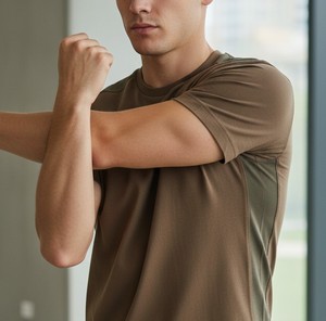 Camiseta de punto para hombre, manga corta, cuello redondo, color liso, teñida, con ribete en contraste, logo frontal, corte regular, estilo casual, para gimnasio - Product Image 4