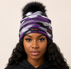 New Customize Logo Jacquard Purple <b>Camo</b> Pom Beanie Camouflage Winter Hat Furry Pom Pom <b>Camo</b> <b>Cap</b> Cuff Logo Winter Hat - Product Image 1