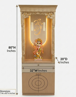 Mandir de prière traditionnel en bois massif écologique, rectangulaire, avec motif Om Ganesha rétroéclairé par LED, grand temple de maison design avec rangement