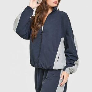 OEM Custom Logo Women Navy Color Block Windbreaker Jacket, Lightweight Zip up <b>Athletic</b> Track Top Street Wear - Product Image 1