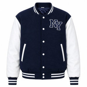 เสื้อแจ็คเก็ตบอมเบอร์สีขาวกรมท่าสำหรับผู้ชาย ปักโลโก้ NY สไตล์พรีปปี้ ผ้าแคนวาส โพลีเอสเตอร์/คอตตอน คอวี ทรงปกติ เหมาะสำหรับใส่ในฤดูหนาว ด้านหน้า - Product Image 4
