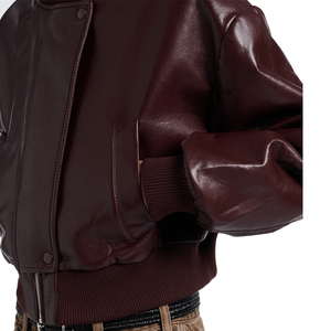 Custom <b>Women's</b> Burgundy Recycled <b>Leather</b> <b>Bomber</b> <b>Jacket</b> Cropped Loose Fit Ribbed Trim Snap Button Slant Pocket OEM Private Label - Product Image 6