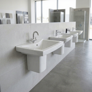 Lavabo semipedestal de cerámica blanca de diseño moderno con desagüe, hecho en India, para baño. - Product Image 1