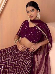 Elegant Maroon <b>Sequined</b> Georgette A-Line Lehenga Choli with V-Neck Crop <b>Top</b> Floral Pattern Built-in Bra Floor-Length Dress - Product Image 2