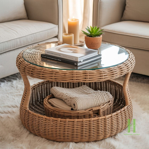Mesa de Centro Redonda de Mimbre Hecha a Mano, Estilo Boho Ecológico, Muebles de Mimbre para Sala de Estar y Decoración de Interiores, Más Vendida - Product Image 2