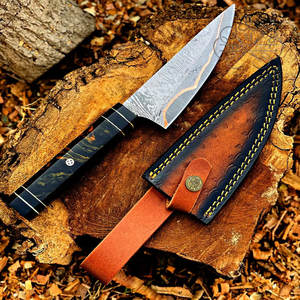 Couteau de chasse Bowie multifonction à lame fixe, directement du fabricant, manche en bois de rose, acier Damas cuivré, pour camping et extérieur, garantie 3 ans - Product Image 1