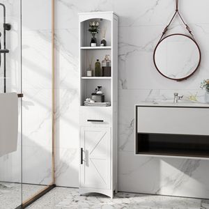 White 13.4"L X 9.4"W X 66.9"H Farmhouse Skinny <b>Tall</b> Cabinet with Recessed Drawer Narrow Home <b>Storage</b> & Organization Unit Door - Product Image 2