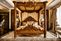 Ensemble de meubles de lit en teck de luxe moderne, taille standard, personnalisable, avec lit à baldaquin doré richement sculpté, tables de chevet et quatre meubles de maison