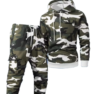 2pcs Solid Terry Fabric Quick Dry 100% Cotton Multi Pocket Sports Fashionable Casual Hooded Two-Piece Set Men's Winter - Product Image 1
