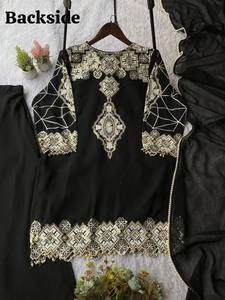 ชุดสาหรี่กะมีซทันสมัยสำหรับเทศกาลอีด งานแต่งงาน และงานปาร์ตี้ ตกแต่งด้วยงานปักลายอย่างประณีต พร้อมผ้าคลุมไหล่ แห้งเร็ว ใส่ได้ทุกฤดู - Product Image 4