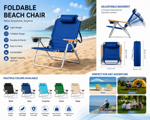 Silla de Playa Plegable Azul de Aluminio con Brazos de Madera y Portavasos, Muebles de Exterior Contemporáneos - Product Image 6