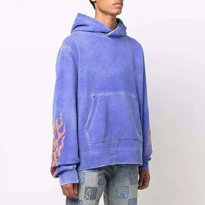 Sweat-shirt à capuche oversize pour homme, imprimé flamme, en molleton de coton, décontracté, pour l'automne, effet délavé - Product Image 3