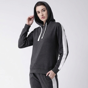 Women's Dark Gray Hooded <b>Tracksuit</b> <b>White</b> Side Stripes Full Sleeve Casual Sportswear Breathable Polyester Winter Wear Plus Size - Product Image 5