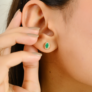 Stunning Delicate Design Minimalist Emerald & Diamond <b>Small</b> Halo <b>Stud</b> <b>Earrings</b> Graduation Gift 18K Solid Yellow Gold Jewelry - Product Image 6