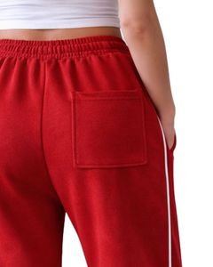 Pantalones de chándal de forro polar rojos para mujer, de pierna ancha, con ribete lateral, cintura elástica con cordón, ajuste holgado informal, estilo jogger, ropa de descanso suave - Product Image 3