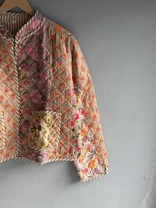 <b>Quilted</b> Cotton <b>Jacket</b> Women Floral <b>Pattern</b> Mandarin Collar Full Sleeve Autumn Regular Length Patch Pocket Hand Embroidery GIFT - Product Image 3