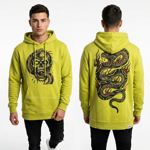 Sudadera con Capucha Verde Lima Brillante con Estampado Gráfico de Serpiente y Calavera, Estilo Urbano para Hombre, con Bordes Desgastados, Sudadera de Felpa Extra Grande - Product Image 1