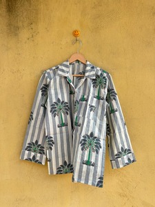 Conjunto de Pijama de Algodón Transpirable con Estampado de Palmeras Blancas a Rayas, Manga Larga, Cuello Camisero, Ropa de Dormir Informal de Verano, Largo Completo - Product Image 3