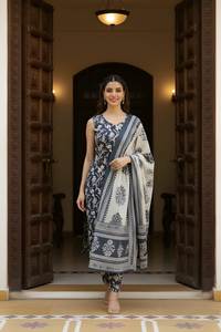 Conjunto de Kurta, Pantalón y Dupatta de Algodón Gris Oscuro para Mujer, Completamente Cosido, con Abertura Lateral, Corte Recto, Venta al Por Mayor, Disponible en Stock - Product Image 6