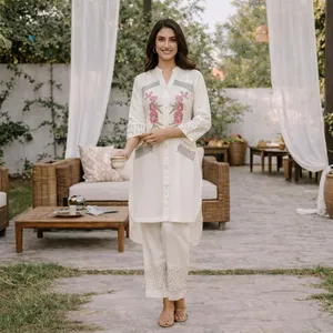 Women's <b>White</b> Embroidered Cotton <b>Set</b> Kurta Three Quarter Sleeve Long Pants Floral Design Casual Spring Summer Outfit - Product Image 4