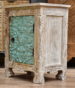 Mesa <span class=keywords><strong>de</strong></span> <span class=keywords><strong>Noche</strong></span> Tradicional <span class=keywords><strong>de</strong></span> Madera Maciza India Turquesa con Acabado Natural, Tallada a Mano, Estilo Oriental, Ecológica para Dormitorio - Product Image 6