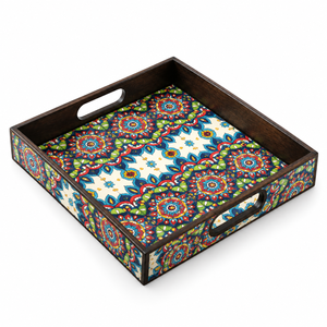 ถาดเสิร์ฟไม้ลายแมนดาลาสีสันสดใส |   ถาดเคลือบสีสันสดใสทรงสี่เหลี่ยม พร้อมหูจับ ขอบยกสูง เหมาะสำหรับงานแต่งงาน โต๊ะอาหารแบบดั้งเดิม ใช้ในบ้าน - Product Image 1