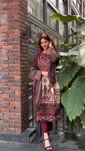Premium Cotton Printed Embroidered Kurti <b>Pant</b> Dupatta Set for Women with <b>Sequins</b> Work and Full-Stitched Bottom - Product Image 1
