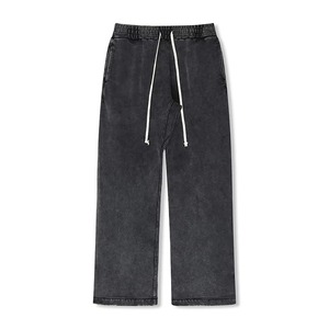 Pantalones de chándal de pana de algodón negros para hombre, cintura elástica con cordón, pantalones casuales con bolsillos laterales, transpirables, lavado ácido, corte recto. - Product Image 1