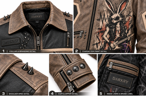 Chaqueta de Cuero Genuino Marrón para Hombre, Estilo Motero con Tachuelas y Estampado Gráfico de Conejo, Abrigo con Tachuelas, Fabricante OEM ODM, Proveedor de Fábrica, Exportación al por Mayor - Product Image 6