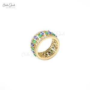 Bague en Tanzanite Naturelle et Émeraude Multicolore, Or Jaune Fin 14K, Pavé de Diamants, Couronne, Bague de Cocktail Détachable de Luxe - Product Image 6