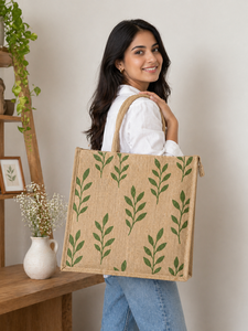 Sac fourre-tout surdimensionné en jute naturel avec imprimé feuilles, écologique, réutilisable pour les courses et polyvalent, fermeture ouverte - Product Image 2
