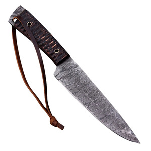 Couteau de chasse artisanal en acier Damas à lame pleine, manche en bois rainuré, étui en cuir, pour camping en extérieur, directement du fabricant - Product Image 3