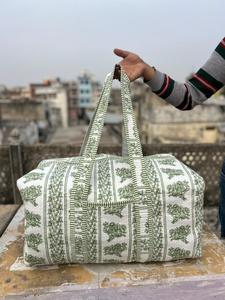 Handmade Floral Print Duffel <b>Bag</b> Blue Pink Cotton Quilted Weekender Travel <b>Bag</b> Large Capacity Zipper Closure - Product Image 2