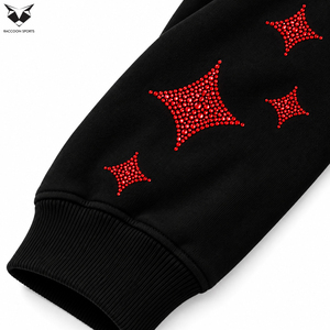 Sudadera con capucha personalizada para hombre, negra, con gráfico de diamantes de imitación, con cremallera, de algodón grueso, corte holgado, estilo urbano, con forro polar. - Product Image 4