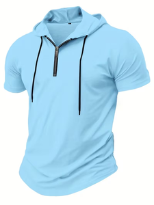 Men's Hooded Henley T-Shirt Short Sleeve Regular Fit Breathable Solid Color Casual Pullover Jersey 200g Knitted - Product Image 3