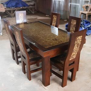 Ensemble de salle à manger moderne, table rectangulaire et 6 chaises, aspect grain de bois, incrustation en pierre, meubles pour la maison - Product Image 5