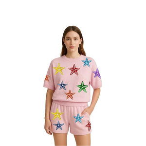 Conjunto de 2 Piezas de Verano para Mujer, a la Moda, con Lentejuelas y Perlas Bordadas, Transpirable, Holgado, Cuello Redondo, Vestido Informal - Product Image 1