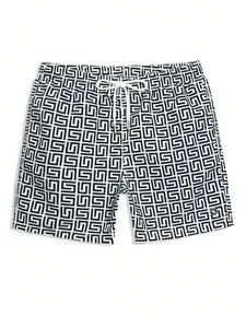 Short de bain pour homme à motif géométrique, séchage rapide, avec cordon de serrage, taille mi-haute, en polyester tissé - Product Image 1