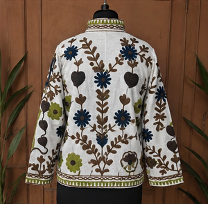 Luxury Handmade Floral Embroidery <b>Quilted</b> Jacket for Women Brown Olive Navy Velvet Fabric Quick Dry Cotton Boho Jaipur Style - Product Image 2