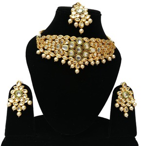 Collier choker indien classique pour femme, pour mariage, fiançailles, anniversaire, fête, vert, cristal traditionnel, Kundan, fausse perle, alliage d'or, cadeau - Product Image 1