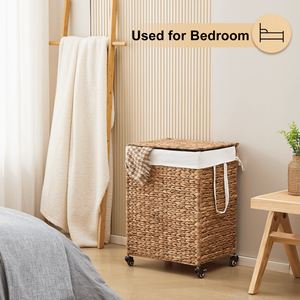 Cesto para Ropa Sucia de 100L, de 2 Secciones, Tejido con Jacinto de Agua Natural, con Tapa y Ruedas para Mayor Comodidad - Product Image 6