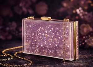 Handmade Orchid Resin Clutch | Elegant Evening <b>Bag</b> with Golden Chain - Product Image 4